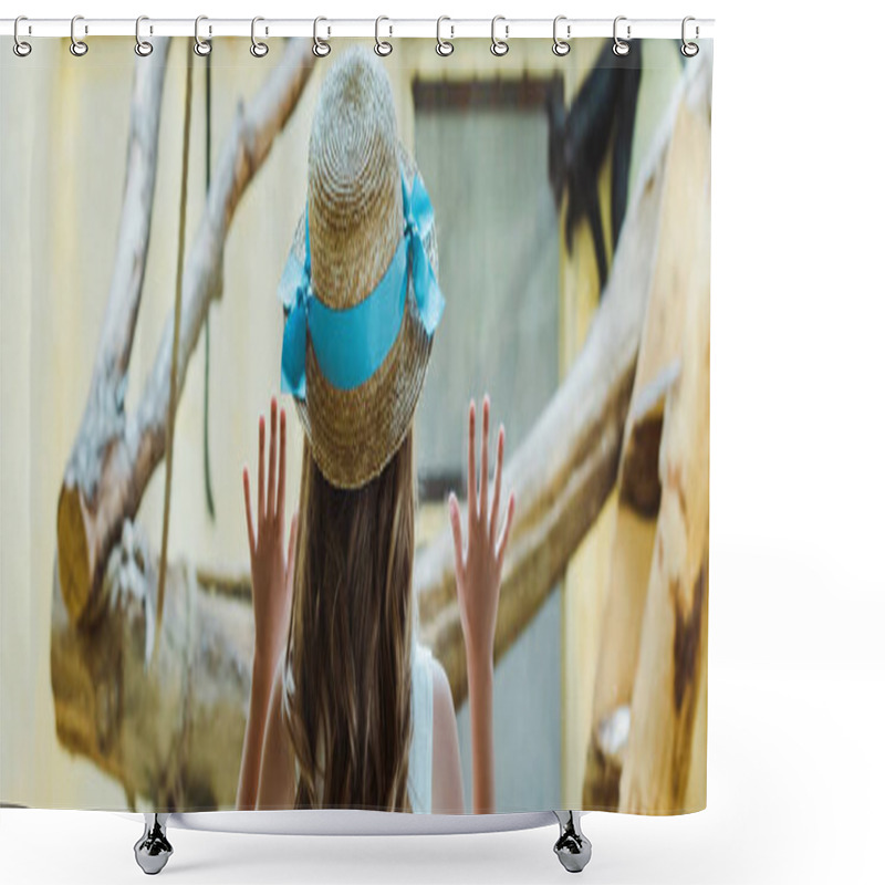 Personality  Panoramic Shot Of Kid In Straw Hat Putting Hands On Window Near Monkeys In Zoo  Shower Curtains