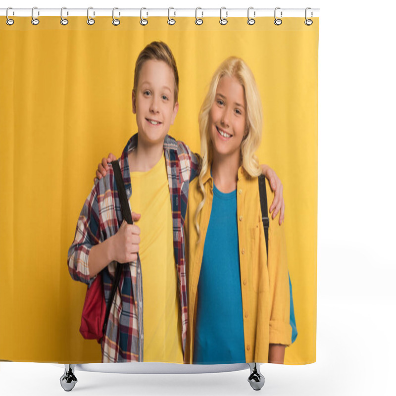 Personality  Smiling Schoolkids With Backpacks Hugging And Looking At Camera On Yellow Background  Shower Curtains