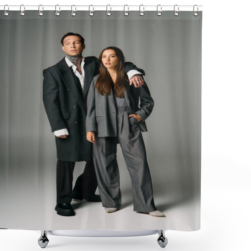 Personality  A Young And Attractive Duo Stands Side By Side, Exuding Elegance And Modern Fashion Trends. Shower Curtains