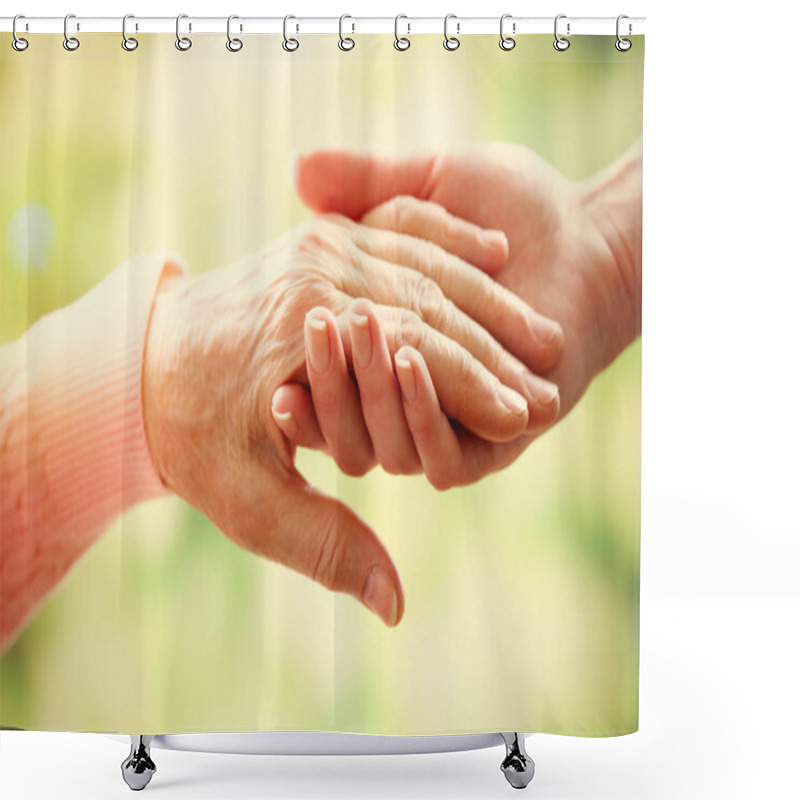 Personality  Old And Young Holding Hands On Light Background, Closeup Shower Curtains