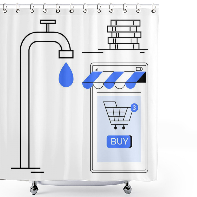 Personality  Faucet Dripping Water, Stacked Coins, Mobile Device With Shopping Cart And Buy Button Highlight Concepts Of E-commerce, Online Shopping, Financial Management, Convenience, And Modern Lifestyle Shower Curtains