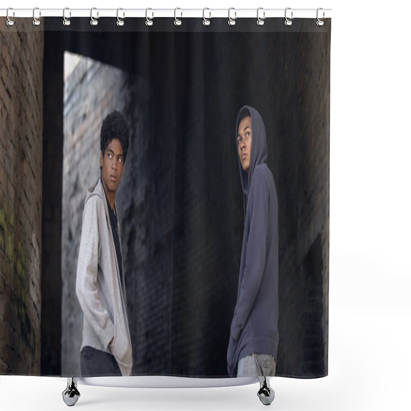 Personality  Two African Teenagers In Hoodie Walking City Together, Dangerous City Area Shower Curtains