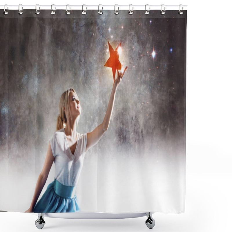 Personality  Young Attractive Woman Reaching For The Star. Take A Star From The Sky, Dreams And Plans, Concept Shower Curtains