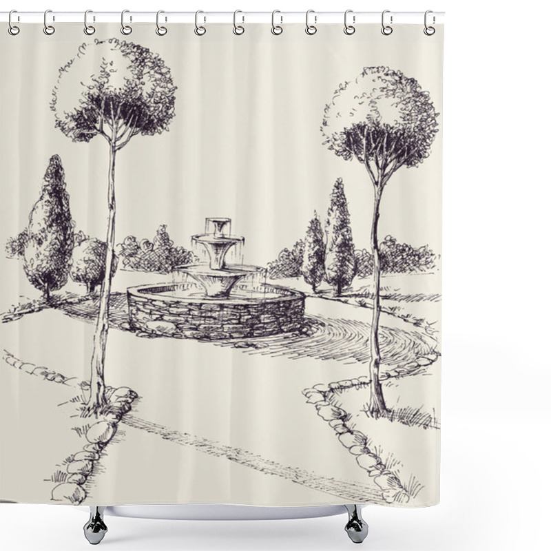 Personality  Water Fountain In A Park Hand Drawing. Park Alley Sketch Shower Curtains