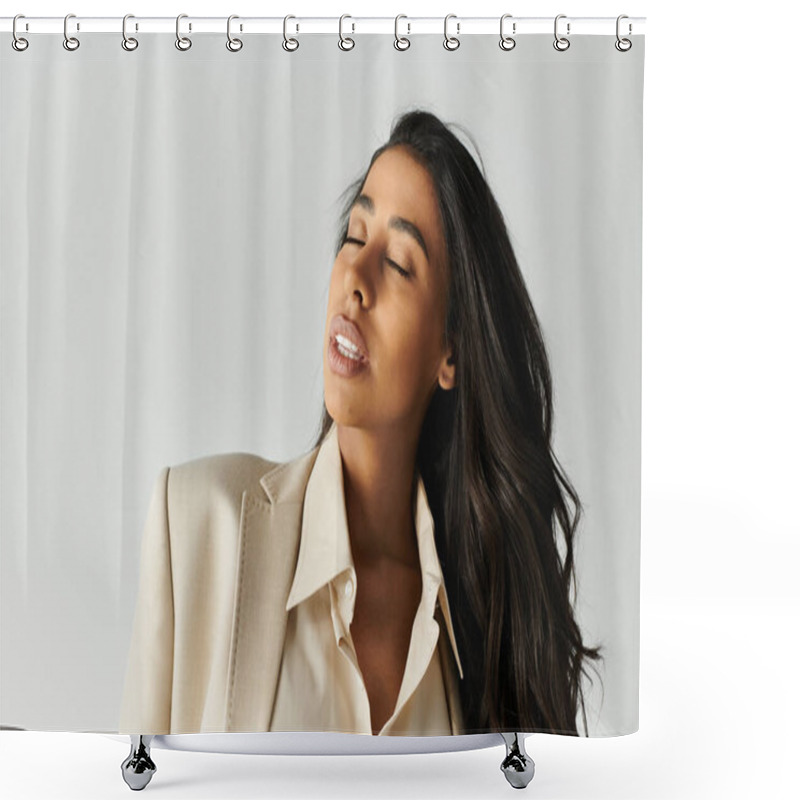 Personality  A Young Woman Dressed In Chic Attire Exudes Confidence And Grace While Striking A Pose. Shower Curtains