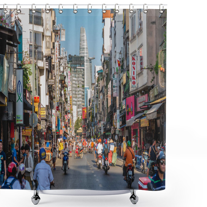 Personality  Ho Chi Minh City, Vietnam - January 7, 2019: Bui Vien Street Crowded With People And Road Traffic With Numerous Signboards Of Hotels & Restaurants And Bitexco Financial Tower At The End Of Perspective Shower Curtains