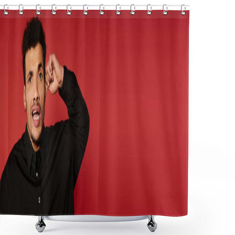 Personality  Handsome Young Man With Curly Hair Shows Surprise Against A Bold Red Backdrop Wearing A Black Shirt Shower Curtains