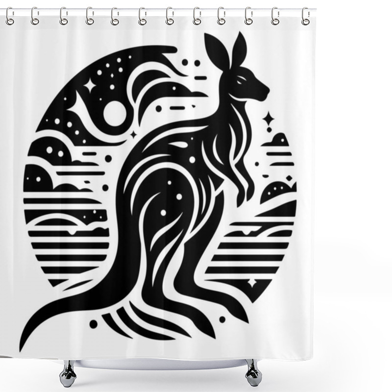 Personality  This Captivating Black And White Illustration Features A Stylized Kangaroo Silhouette Set Against A Cosmic Background. The Design Incorporates Swirling Patterns, Stars, And Celestial Elements, Creating A Mesmerizing Blend Of Nature And The Universe.  Shower Curtains