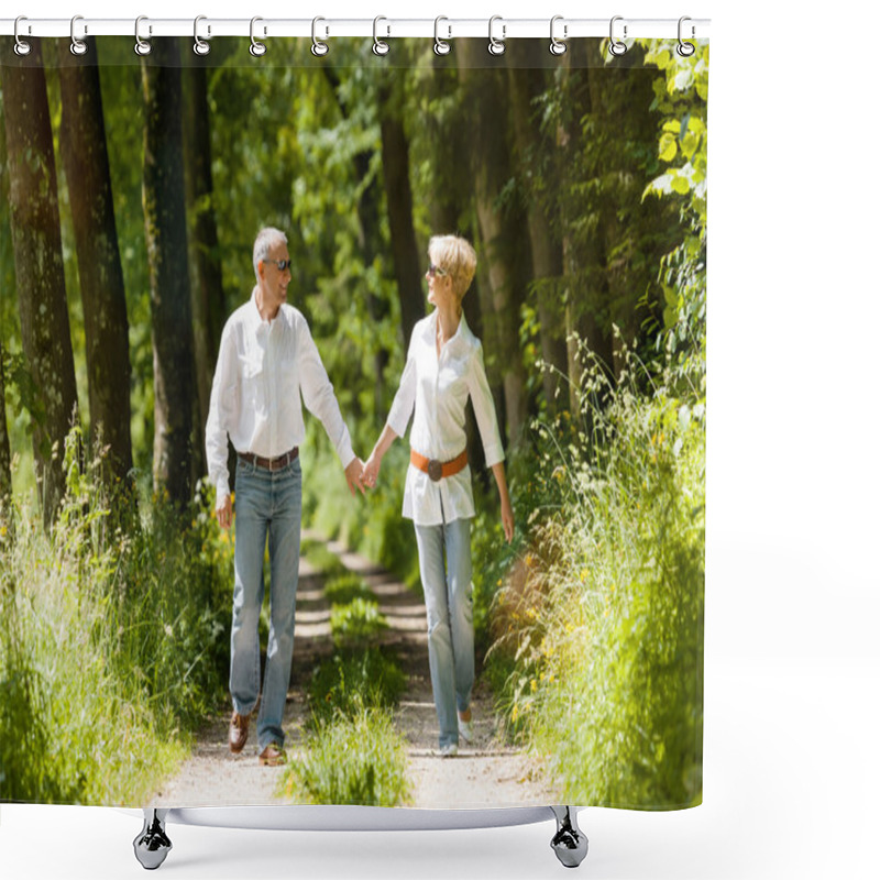 Personality  Happy Senior Couple Outdoors Running Shower Curtains