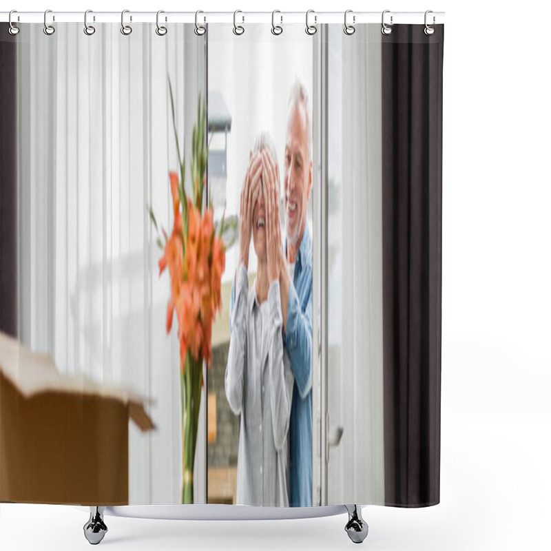 Personality  Panoramic Shot Of Smiling Man Obscuring Face Of Woman In New House  Shower Curtains