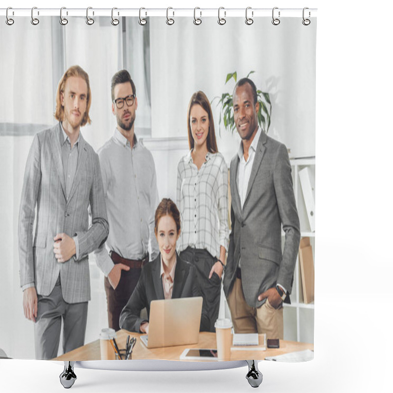 Personality  Business Team Standing Against Sitting Woman At Office Space   Shower Curtains