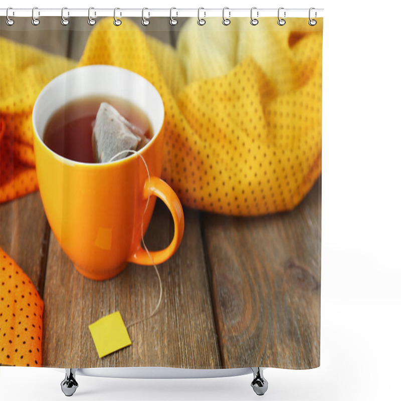 Personality  Cup Of Tea With Tea Bag On Wooden Table Close-up Shower Curtains