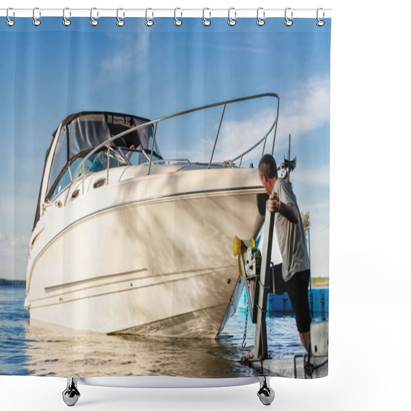 Personality  Big Luxury Cabin Motorboat Cruiser Yacht Launching At Trailer Ramp On River Or Lake. Mechanic Worker Man Assist Putting Boat In Calm Water Surface. Luxury Rich Fishing Leisure Recreation Lifestyle Shower Curtains