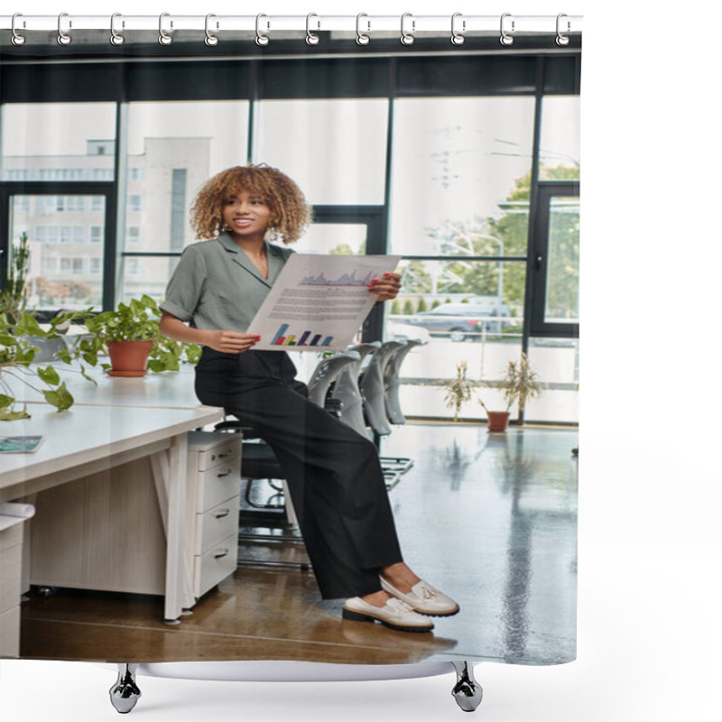 Personality  Cheerful African American Businesswoman Evaluating Graphs In A Dynamic Office Space, Manager Shower Curtains