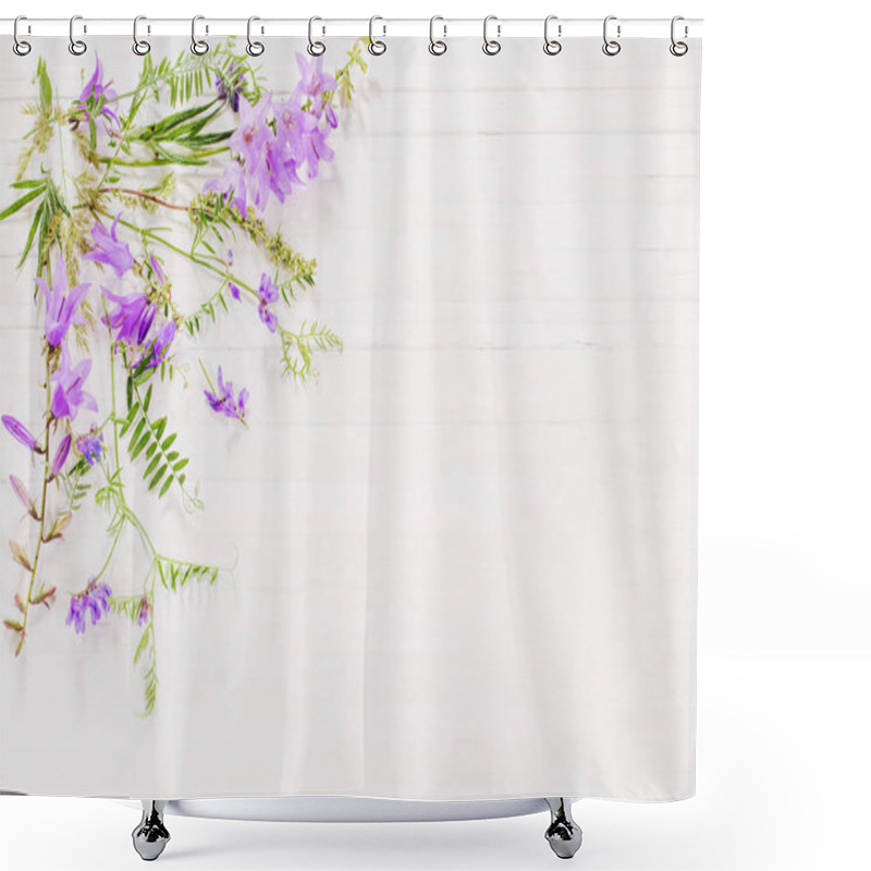 Personality  Bellflower On White Wooden Background Shower Curtains