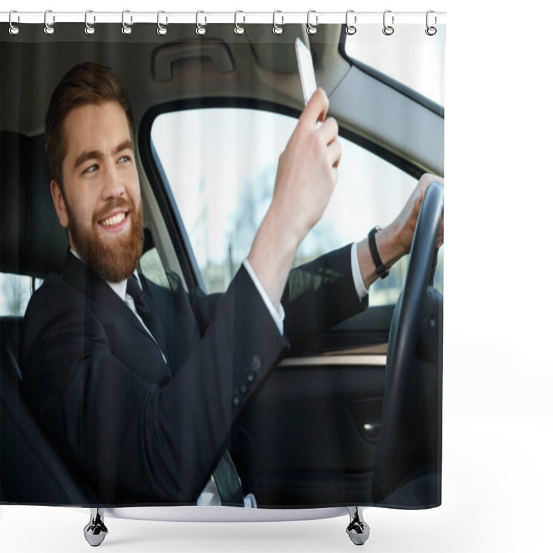 Personality  Side View Of Smiling Business Man Making Selfie Shower Curtains