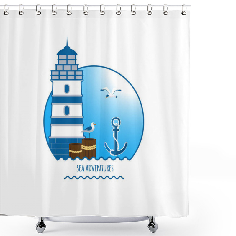 Personality  Lighthouse Emblem, Anchor And Seagull Vector Shower Curtains