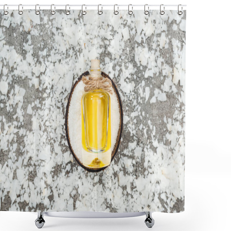 Personality  Top View Of Oil In Bottle On Coconut Half On Grey Background With Coconut Shavings Shower Curtains