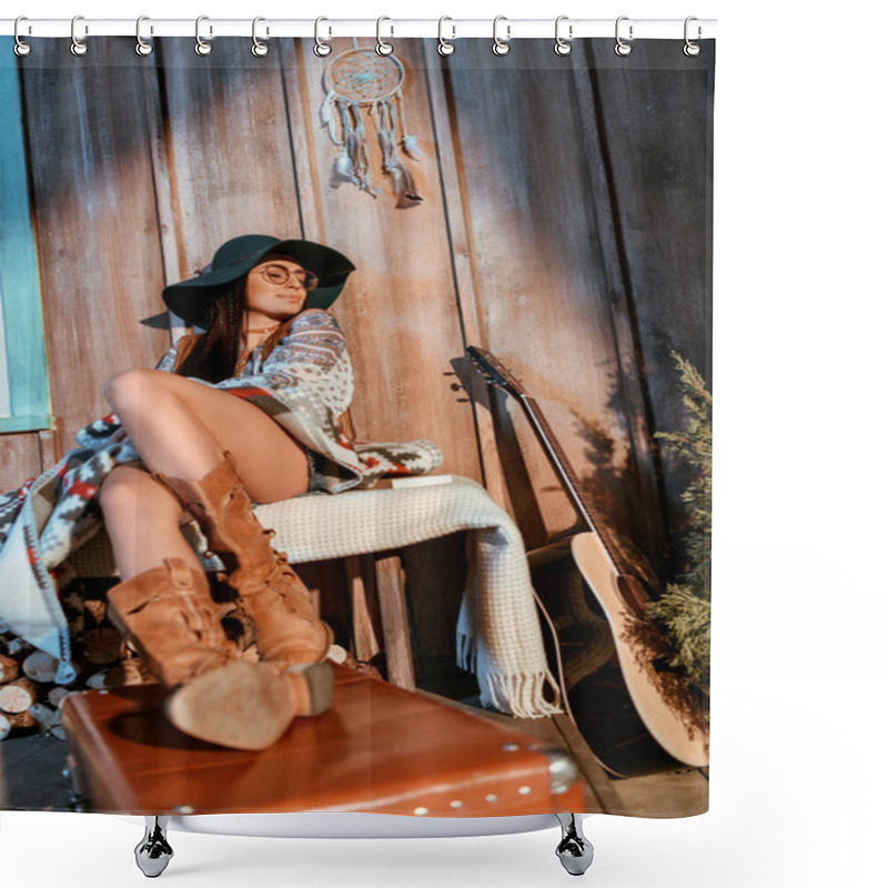 Personality  Woman Sitting On Bench In Wooden House Shower Curtains