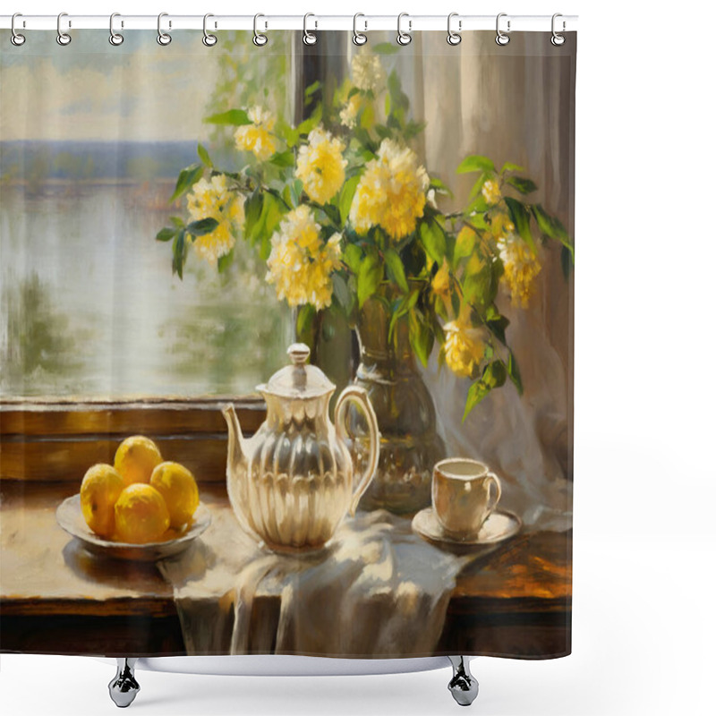 Personality  Oil Paintings Still Life With Flowers. Beautiful Still Life With Chrysanthemums, Lemons And Tea. Still Life Against The Background Of A Window Overlooking The River. Shower Curtains