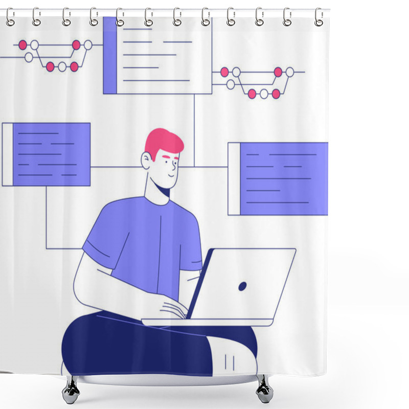 Personality  Male Programmer Sitting Cross Legged, Working On A Laptop With Code And Flowcharts Around, Symbolizing Software Development, IT Solutions, And Problem-solving. Shower Curtains