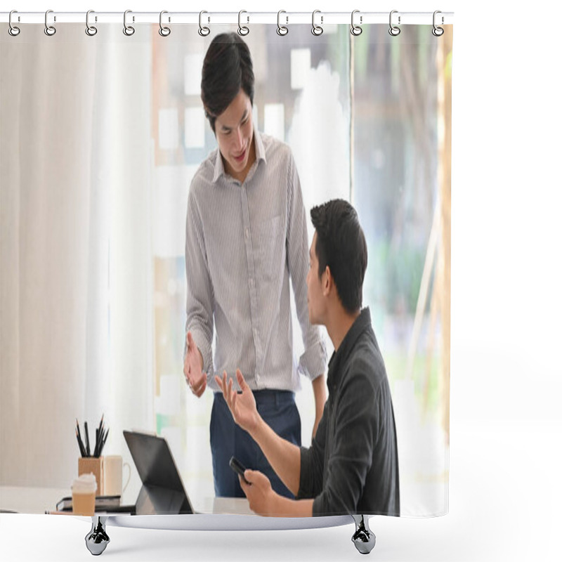 Personality  Business Development Manager Discussing With His Smart Employee In Black Cotton Shirt Over The Modern Office Background. Shower Curtains