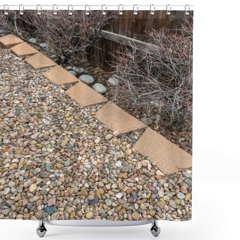 Personality  A Close-up View Of An Aging Retaining Wall Made Of Stacked Concrete Blocks, Surrounded By A Bed Of Decorative Stones In Various Colors And Sizes. The Landscape Shows Signs Of Wear And Is Ready For Shower Curtains