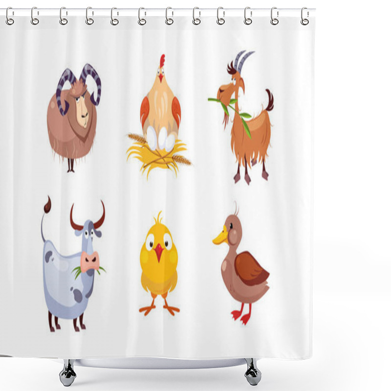 Personality  Cute Cartoon Farm Animals Set, Sheep, Hen, Goat, Cow, Duck, Vector Illustration Shower Curtains