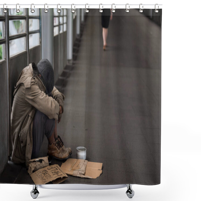 Personality  Homeless Old Man Or Beggar Head Down And Sit With Donated Bowl And Help Sign Banner. Poverty Sleep And Feel Cold In Winter. Social Issue Concept For Retired Elderly But Have No Money. Shower Curtains