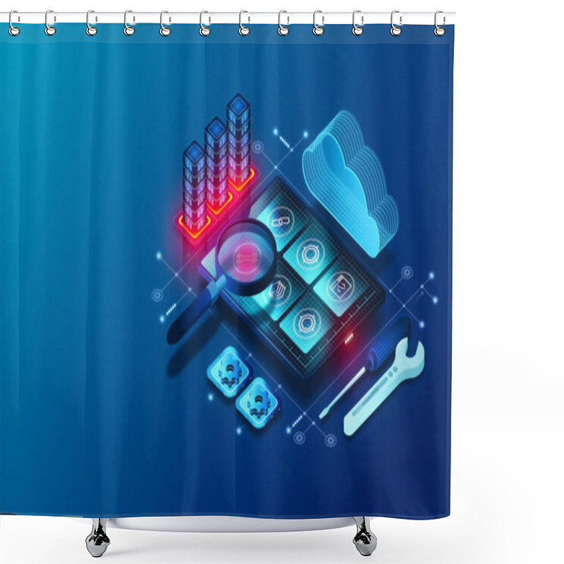 Personality  Application Testing Services Concept - Tools And Methods To Test Applications Before Deployment - Virtual Magnifying Glass Scanning Apps For Quality Control And Assurance - 3D Illustration Shower Curtains