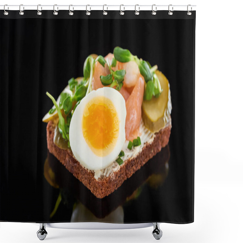 Personality  Close Up Of Boiled Egg Near Salmon On Danish Smorrebrod Sandwich On Black  Shower Curtains