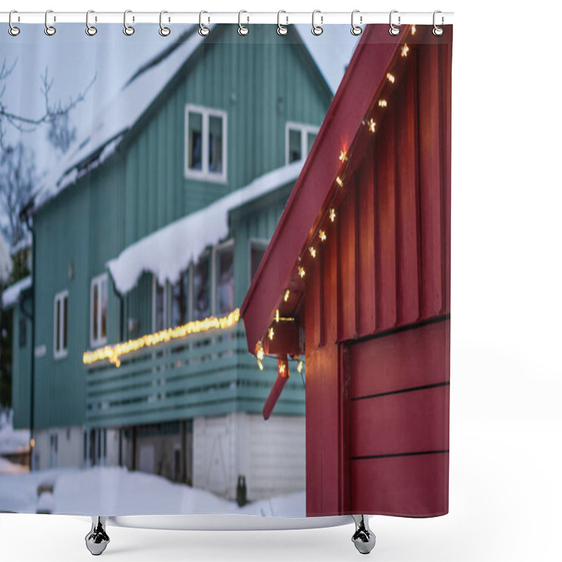 Personality  Traditional Wooden Norwegian Home In Winter Shower Curtains