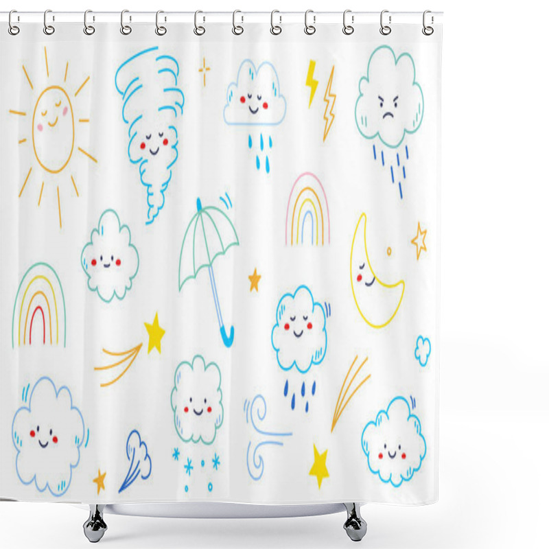 Personality  Cloud Rain Weather Cartoon Cute Set. Cloud, Sun, Moon Weather Character With Smile And Angry Face. Hand Drawn Doodle Sketch Style. Rainbow, Wind, Tornado Doodle Character. Vector Illustration. Shower Curtains