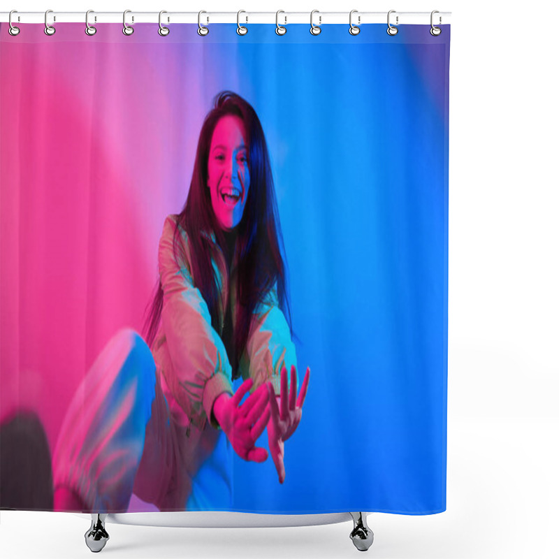 Personality  The Brunette Dances In Neon, The Dancer In Red-blue. Hip Hop Girl, Party, Smile. Model In Flight, Jumping. Bright Photo, Emotions. Shower Curtains