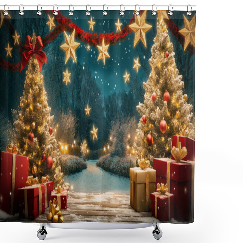 Personality  Christmas Trees Lit With Red And Gold Garlands In A Snowy Forest With Star-Shaped Snowflakes Near Christmas Gifts In Red Boxes. Merry Christmas. Generated With AI Shower Curtains