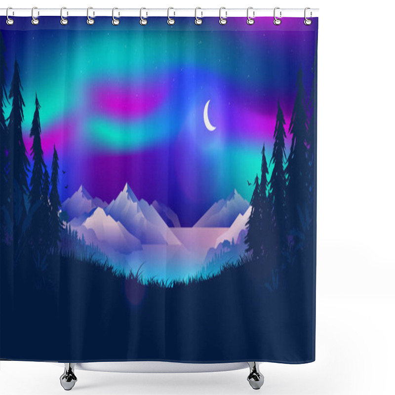 Personality  Northern Lights Illustration - Aurora Borealis In The Sky Over A Norwegian Fjord. Beautiful Northern Landscape Scene At Night Time With Moon, Forest And Ocean. Magical, Mystical North Concept. Shower Curtains