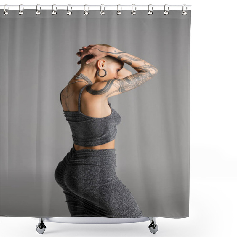 Personality  Young Woman With Sexy Tattooed Body Posing In Stylish Lurex Clothes With Hands On Head Isolated On Grey Shower Curtains