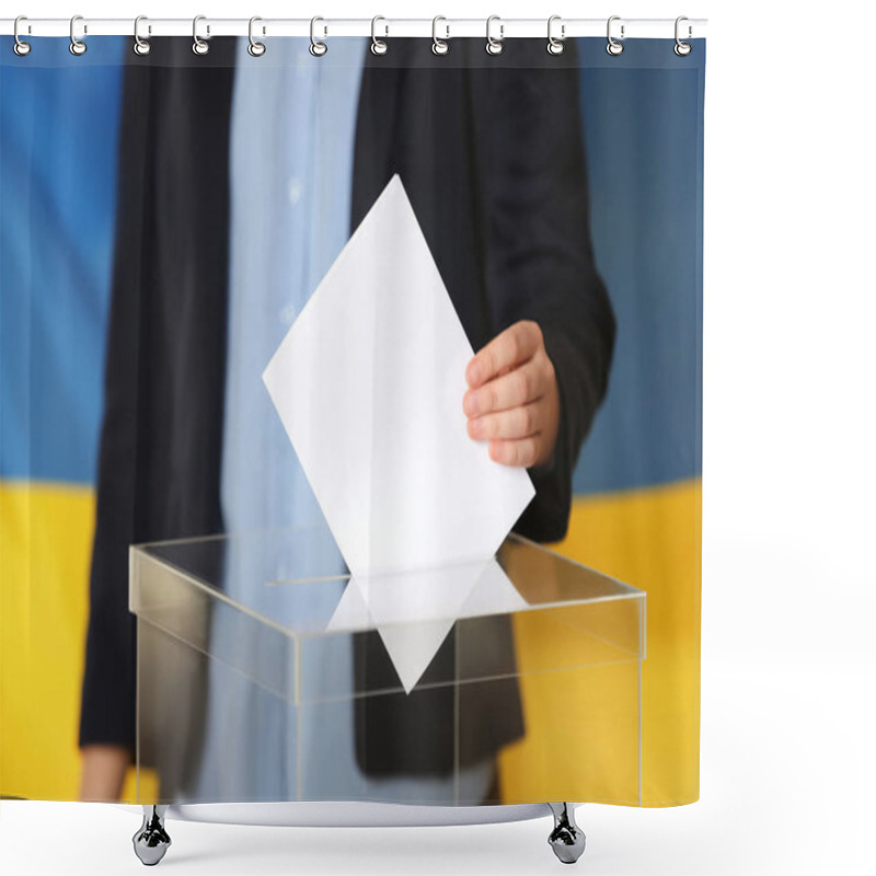 Personality  Woman Putting Voting Paper Into Ballot Box Against Ukrainian Flag, Closeup Shower Curtains