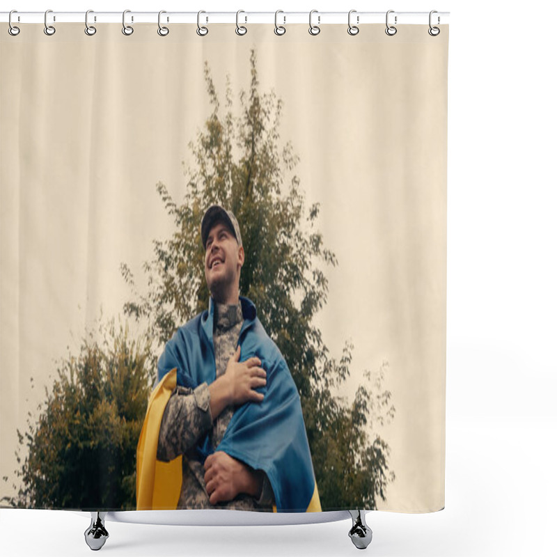 Personality  Low Angle View Of Happy And Proud Soldier In Military Uniform Holding Ukrainian Flag Outdoors  Shower Curtains