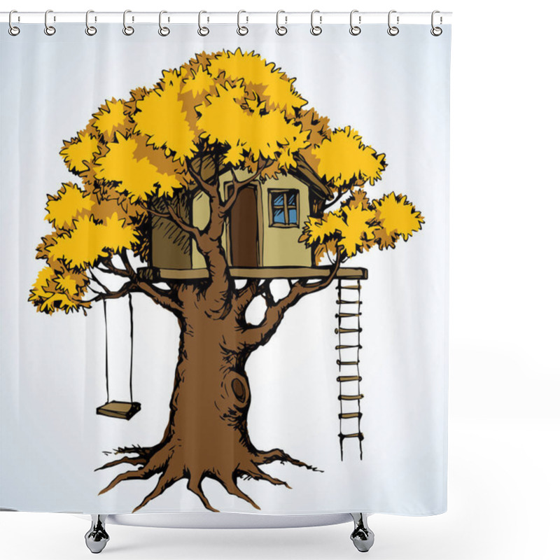 Personality  Cute Old Rural Spring Plant Foliage Rope Small Toy Outside Camp Club Terrace On White Sky. Black Ink Hand Drawn Funny Little Line Logo Icon Sign Symbol Picture Design Sketch In Retro Art Doodle Style Shower Curtains