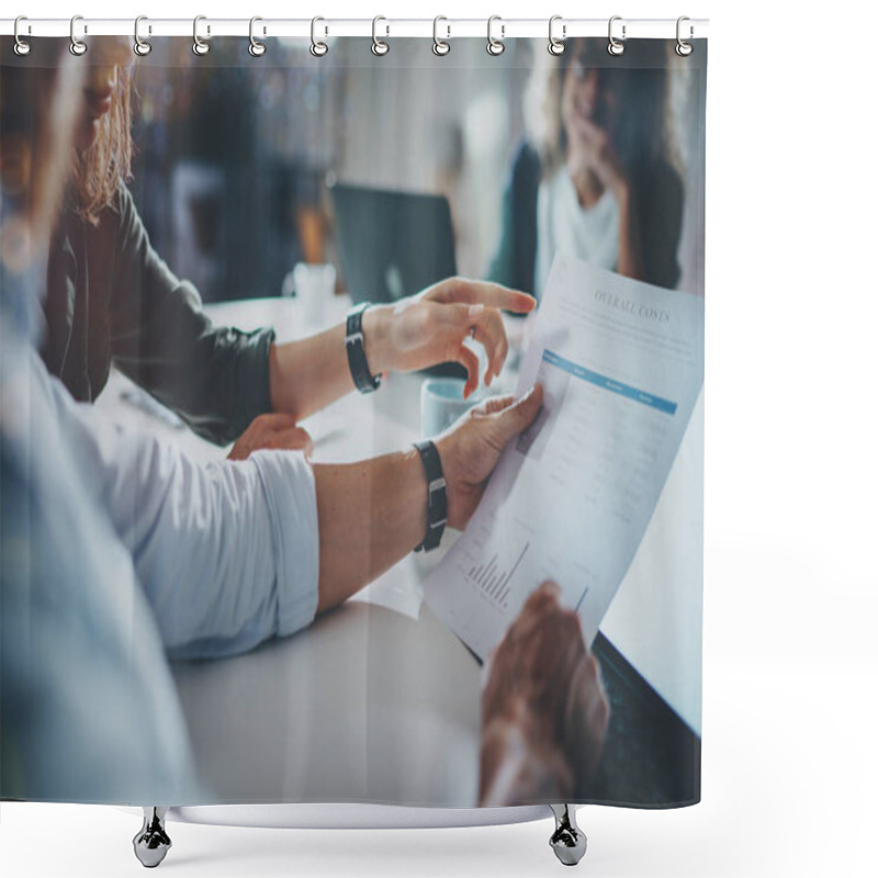 Personality  Young People Making Conversation With Partners At The Table.Man Holding Paper Document In Hand. Horizontal.Blurred Background. Shower Curtains