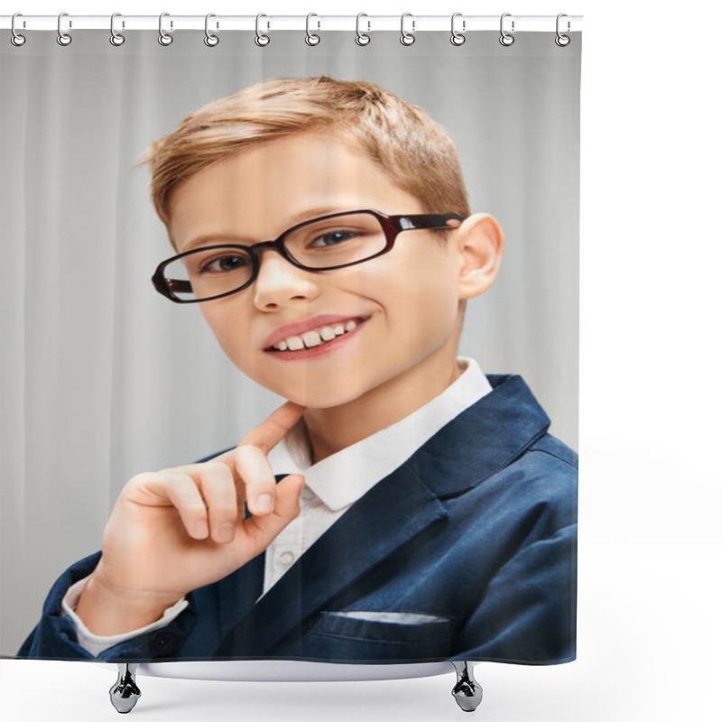 Personality  A Young Boy In Glasses Strikes A Pose In His Elegant Attire Against A Gray Backdrop. Shower Curtains