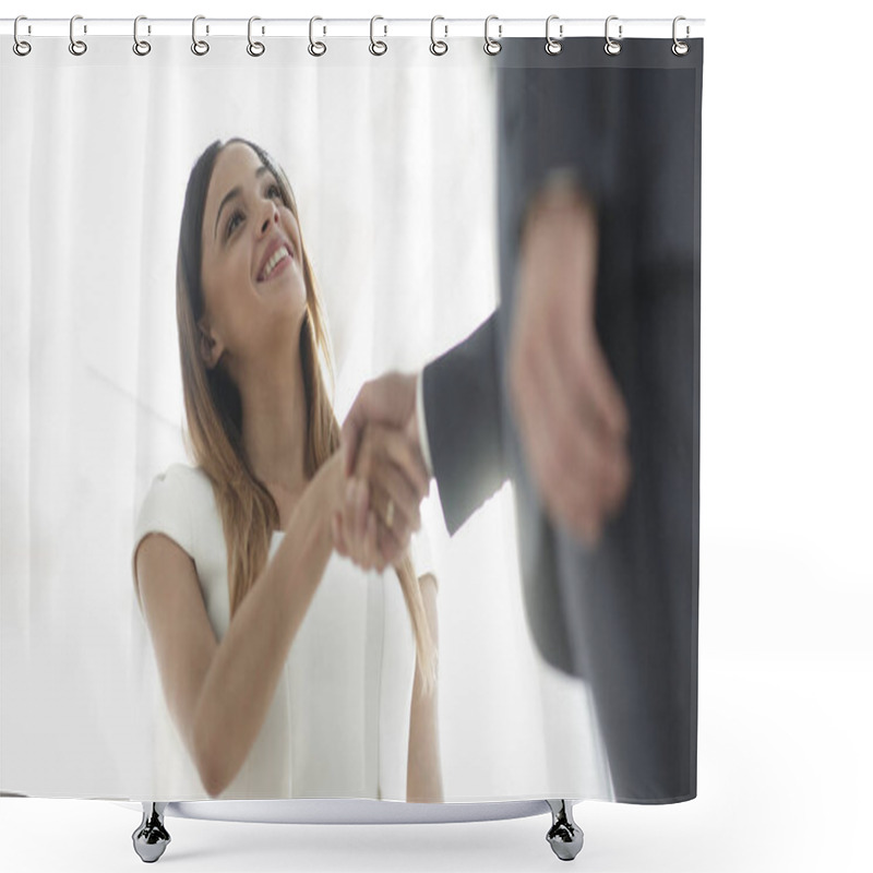 Personality  Business Woman Shaking Hand To Her Partner Shower Curtains