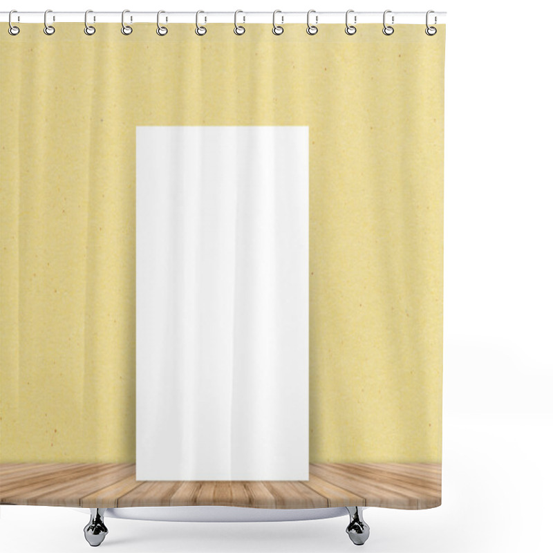 Personality  Blank White Paper Poster At Tropical Plank Wooden Floor And Paper Wall, Template Mock Up For Adding Your Content,leave Side Space For Display Of Product Shower Curtains