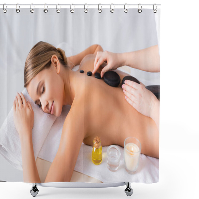 Personality  Young Client Getting Hot Stone Massage In Spa Salon  Shower Curtains