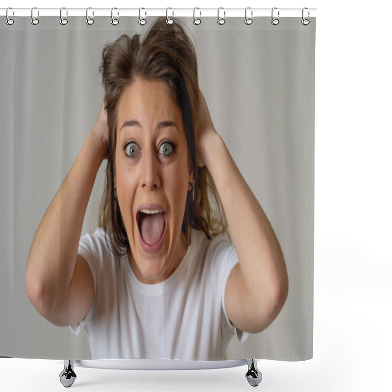 Personality  Portrait Of Beautiful Shocked Woman Winning The Lottery Or Having Great Success With Surprised And Happy Face And Gestures In Facial Expression, Human Emotions And Celebration. Isolated On White. Shower Curtains