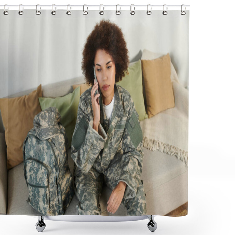 Personality  A Young Woman In Military Uniform Sits Pensively On A Couch, Preparing For Her Service. Shower Curtains