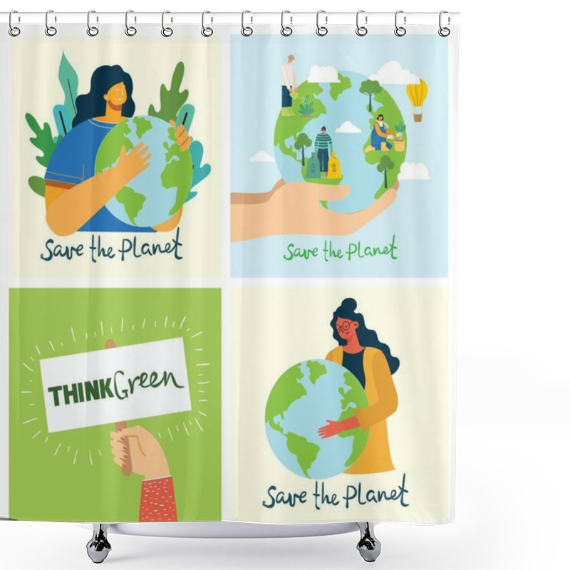 Personality  Set Of Eco Save Environment Pictures. People Taking Care Of Planet Collage. Zero Waste, Think Green, Save The Planet, Our Home Hand Written Text In The Modern Flat Design Shower Curtains