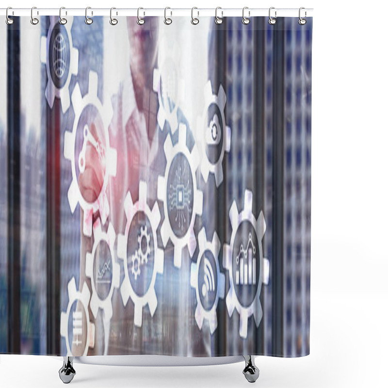 Personality  Automation Technology And Smart Industry Concept On Blurred Abstract Background. Gears And Icons. Shower Curtains