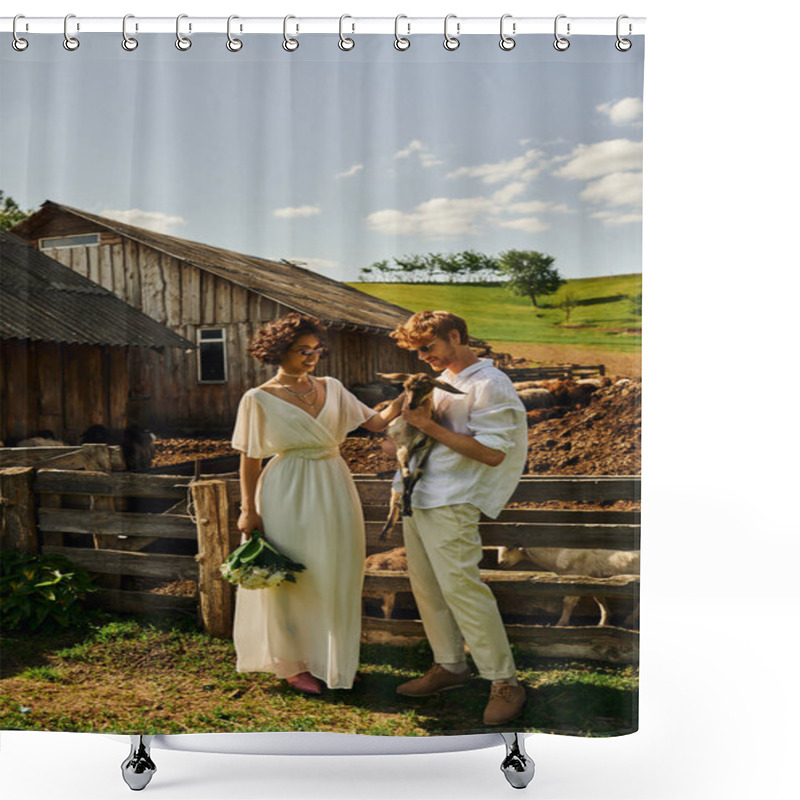 Personality  Happy Multiethnic Couple In Wedding Gown And Sunglasses Cuddling Cute Baby Goat, Countryside Shower Curtains